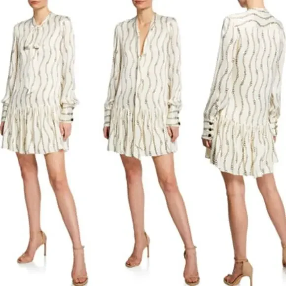 Alexis Lydia Chain Link Printed Tie Neck Shift Mini Dress Cream Women's Size M
